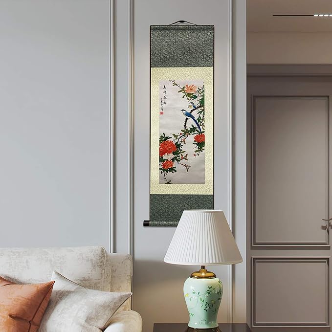 AtfArt Asian Wall Decor Beautiful Silk Scroll Painting Birds and Flowers - Bird Language Flower Fragrant Oriental Decor Chinese Art Wall Scroll Wall Hanging Painting Scroll (36.2 x 12 in)