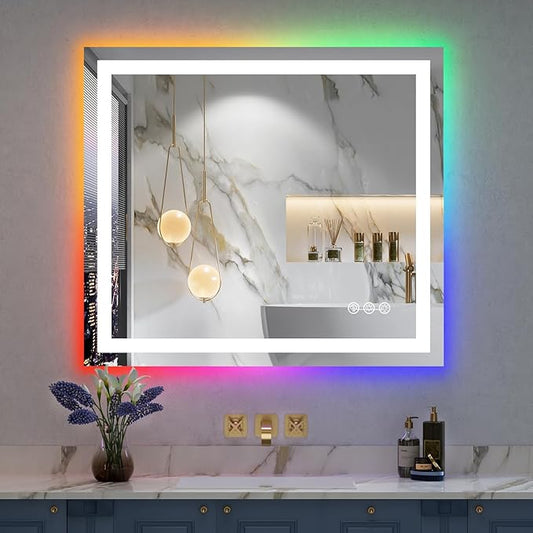 32x36 Inch RGB LED Bathroom Mirror Front Light and RGB Backlit Lighted Vanity Mirror for Bathroom Wall Mounted Dimmable Anti Fog Memory Shatter-Proof IP54 Waterproof Horizontal/Vertical
