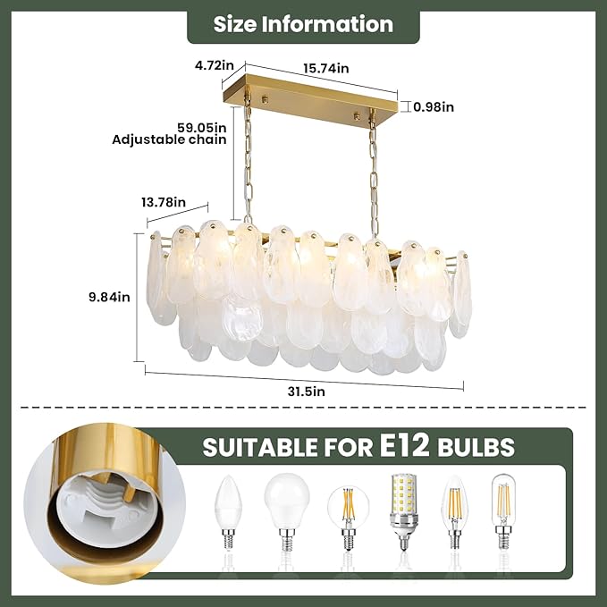 Modern Glass Chandelier 8-Light Rectangle Gold Brass Chandelier Luxury Oval 2-Tiers Crystal Cloud Glass Pendant Ceiling Light for Dining Room Living Room Kitchen Island L31.5'' (E12)