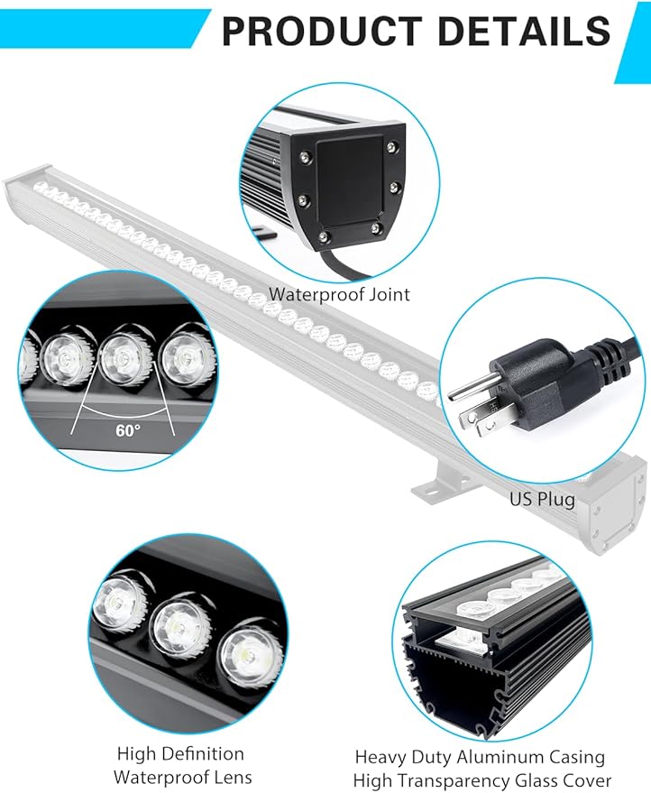 Pro-Grade LED Wall Washer Light Bars, 54W 6000K Daylight White Outdoor LED Light Bar, IP67 Waterproof Heavy Duty 120V Linear Strip Light for Landscape Building Wash Lighting (40 Inch)