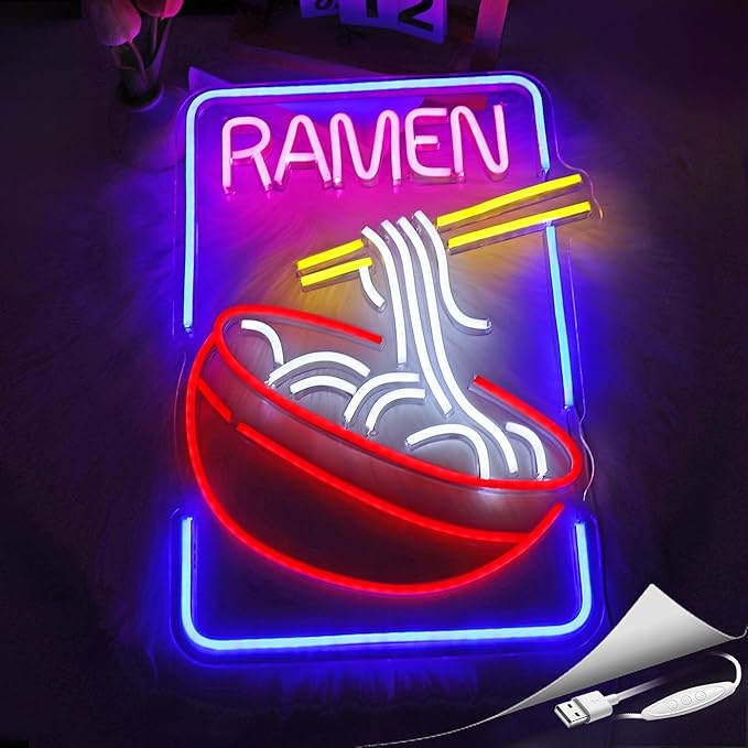 Neon Sign, Ramen Neon Signs for Wall Decor Neon LED Signs Room Neon Light Up Signs Home Decor for Business Restaurant Bedroom Club Party Bars Shop Decoration USB Operated