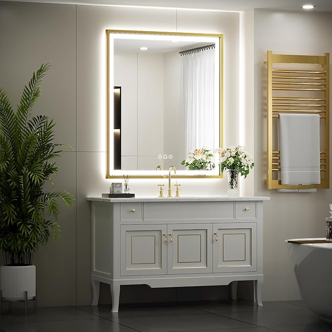 30X36 Inch Gold Frame Led Mirror,Backlit and Front Bathroom Mirror with Lights,Wall Mounted Double LED Dimmable Lighted Anti-Fog Vanity Mirror,Stepless 3 Colors Temperature 3000K-6000K