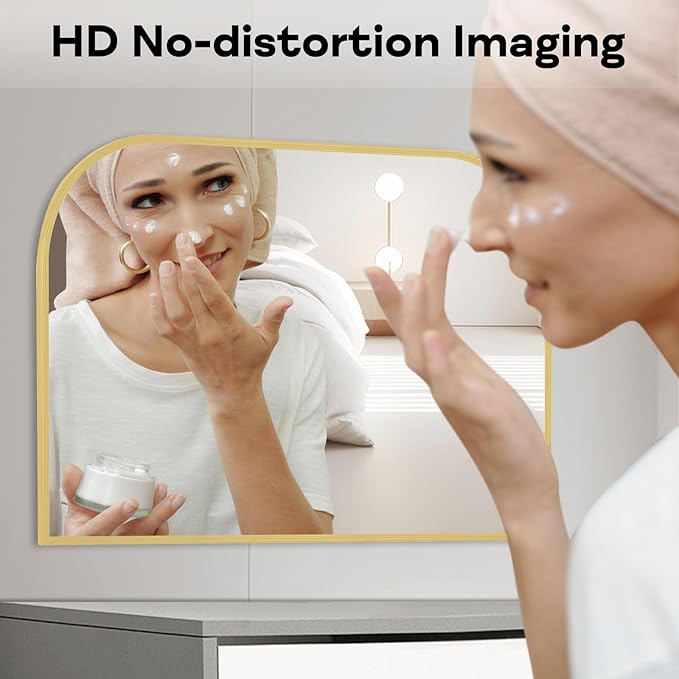 Modern Large Wall Mirror, Modern Mantel Minimalist Home Decor, Brushed Gold Metal Framed Arched Mirror for Living Room, Bedroom, Fireplace, Mantle, Entryway, Bathroom, 36" x 24", Gold