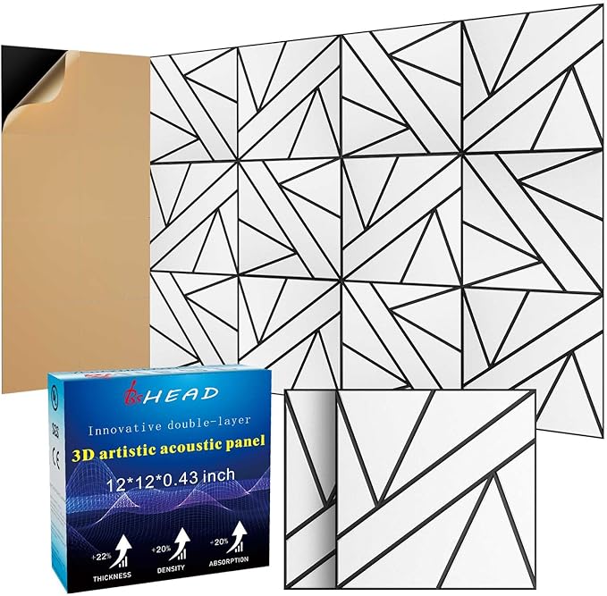 12 Pack 2-Layer Large Soundproof Wall Panels, 12x 12 x 0.43 in Sound Proof Foam Panels for Walls, 1.2lb/ft* High Density,3D Acoustic Panels,Artistic Noise Dampening Panels White&Black