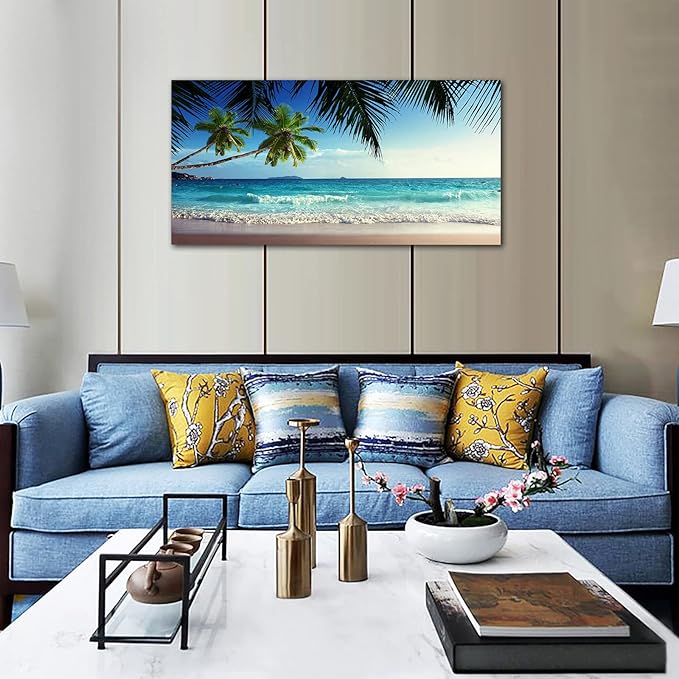 Large Wall Art Ocean Waves Canvas Pictures Coconut Trees Sands Beach Seascape Landscape Modern Summer Sea Nature Canvas Artwork Contemporary Wall Art for Living Room Bedroom Home Wall Decor 24" x 48"