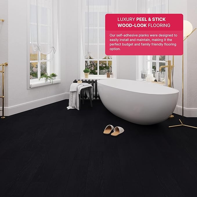 LUCiDA SURFACES Luxury Vinyl Flooring Tiles-Peel and Stick Floor Tile for DIY Installation-36 Wood-Look Planks-Nero-Black-BaseCore-54 Sq. Feet