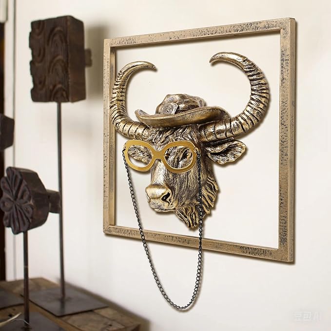 JJALIGHTS Exquisite Resin Animal Head Wall Sculpture (Gift Metal Frame) - Imitation Copper Vintage Decor for Living Room, Bedroom & Office | Decorative Wall Hanging Art (Bison)