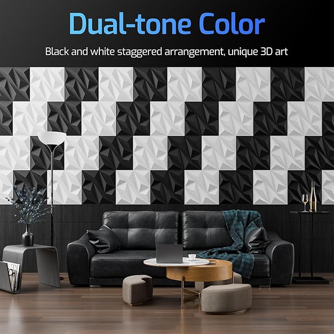 48 Pack 3D Wall Panels for Interior Wall Decor, 11.8'' x 11.8'' Decorative Wall Panels, Accent Wall Panels, 3D Diamond Design Wall Decor for Living Room, Bedroom, Gaming Room, Black
