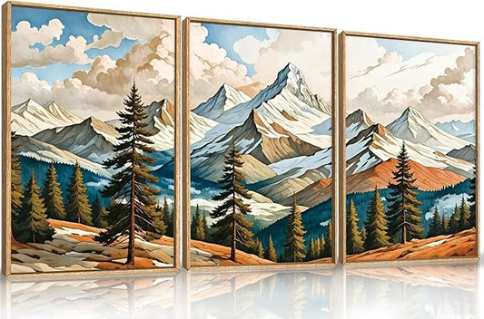 Large Woodcut Style Mountains Framed Canvas Wall Art,Vintage Pine Trees Wall Decor,Boho Natural Snow Ridge Artwork,Modern Woodland Landscape Art Print for Living Room,Bedroom,Office- 24"x36"x3