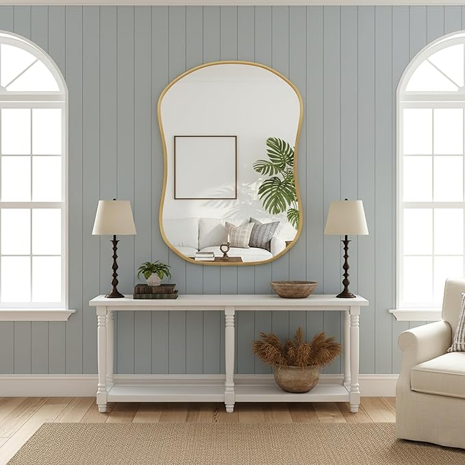 Asymmetrical Wall Mirror 26 * 36 Gold Irregular Abstract Shatter-Proof Aluminum Alloy Decorative Wavy Framed Makeuop Mirrors for Bathroom, Bedroom, Cloakroom, Entryway