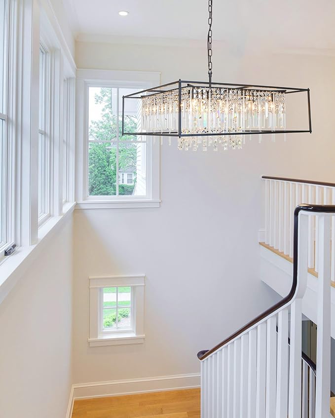 Modern Black Crystal Chandelier, 12-Light Square Pendant Lighting Fixture for Kitchen Island, Dining Room, or Living Room – Elegant Large Ceiling Light for Bedroom and Foyer (35.5")