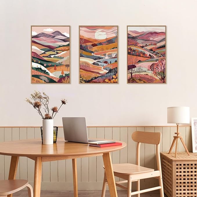 KAIRNE Boho Colorful Mountain Canvas Wall Art Set, Abstract Pink Mountains Forest Artwork, 3 Panels Framed Modern Nature Landscape Home Decor for Living Room, Bedroom, Office, 16x24 Inch Wall Decor