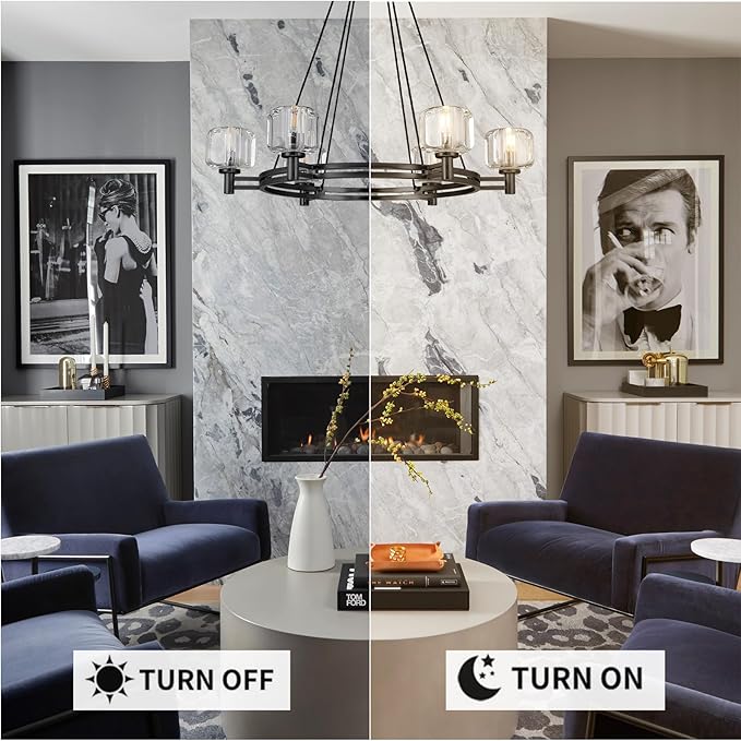 Black Round Crystal Chandelier, 36" K9 Crystal Chandeliers for Dining Room Over Table, Wagon Wheel Chandeliers for Dining Room,Living Room,Foyer,Includes 6XE12 Bulbs