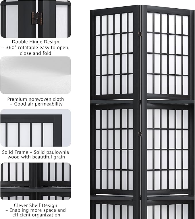 5.6FT Room Divider and Folding Portable Partition Screen, Chinese Japanese Shoji Style with Three Display Shelves for Room Separation - 4 Panel (Black)