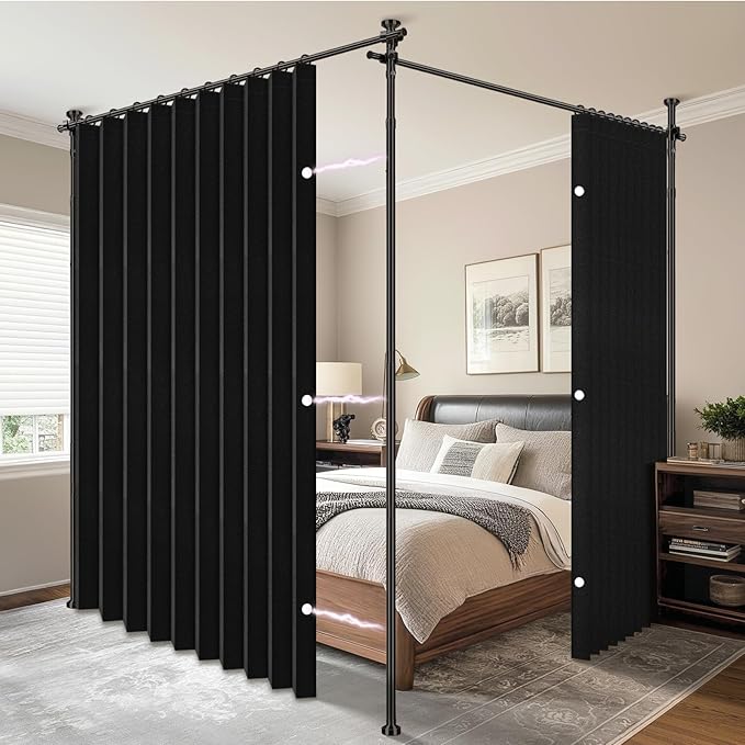 AJAZZ Room Divider Curtain (2 Panels, Black, W100 x L84 in)+ Tension Curtain Rod No Drilling (H) 43-120×(W) 35-200 in, for Privacy/Soundproof Curtains, Heavy Duty Wall Separator