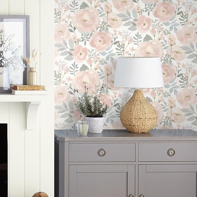 Orainege Peel and Stick Wallpaper Floral Wallpaper 17.3in x393.7in Floral Contact Paper Peony Self Adhesive Removable Wall Paper for Cabinets Walls Shelf Liner, Light Pink