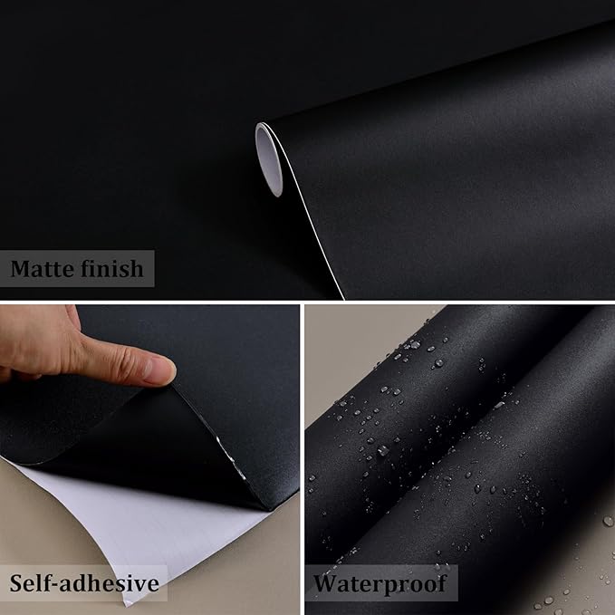 Black Peel and Stick Bathroom Removable Wallpaper Thicken Vinyl Modern Matte Textured Solid Color Self-Adhesive Wallpaper Wrap Contact Paper for Bedroom Kitchen Cabinet (24"x393" Black)