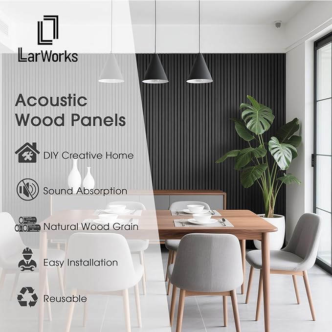 Acoustic Wood Slat Panels 4 Pack 106" x 12.6", Soundproof Wooden Wall Panels, 3D Fluted Panel for Interior Wall Decor, Living Room, Bedroom - Black (Cover Approx. 37 sq.ft)