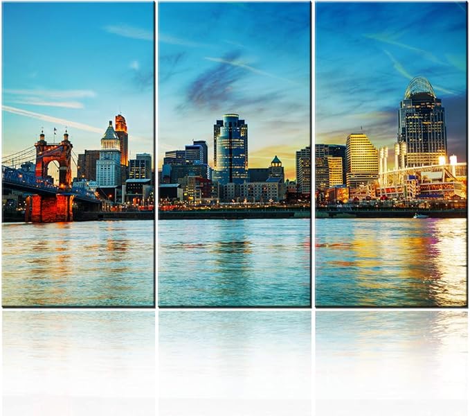 Ohio Pictures for Wall Art Cincinnati Downtown Overview Early in the Night Photo Poster Prints Color Wall Art for Modern Living Room Office Wall Decor Cityscape Artwork Ready to Hang 40‘’x20‘’x3P