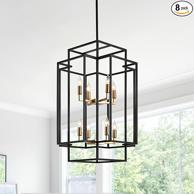 8-Light Black and Gold Chandeliers for Entryway, 31.5" Rectangular Farmhouse Foyer Lighting Fixtures for High Ceilings, Large Pendant Light for Staircase Entry Dinning Room Kitchen Island