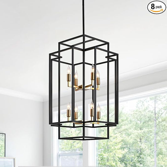 8-Light Black and Gold Chandeliers for Entryway, 31.5" Rectangular Farmhouse Foyer Lighting Fixtures for High Ceilings, Large Pendant Light for Staircase Entry Dinning Room Kitchen Island