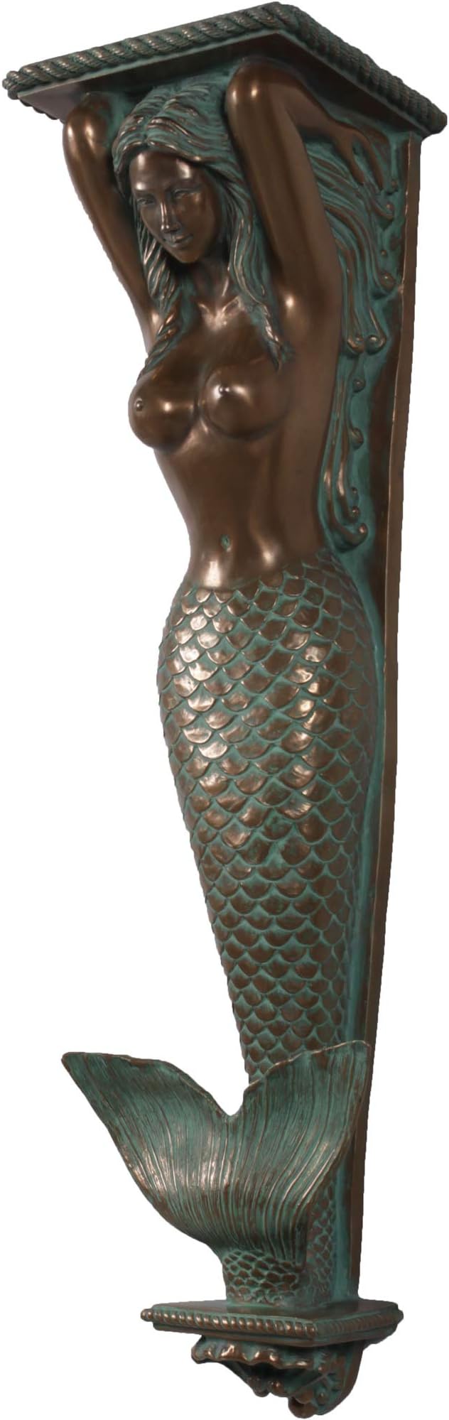 Nautical Tropical Mermaid Pilaster Wall Accent Sculpture (Verde Bronze, Large 43" H)