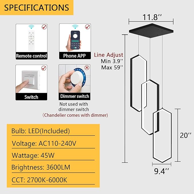 3 Rings Modern Chandelier LED Dimmable Pendant Lighting Adjust Ceiling Light for Dining Room Foyer Lobby Living Room Staircaes Black