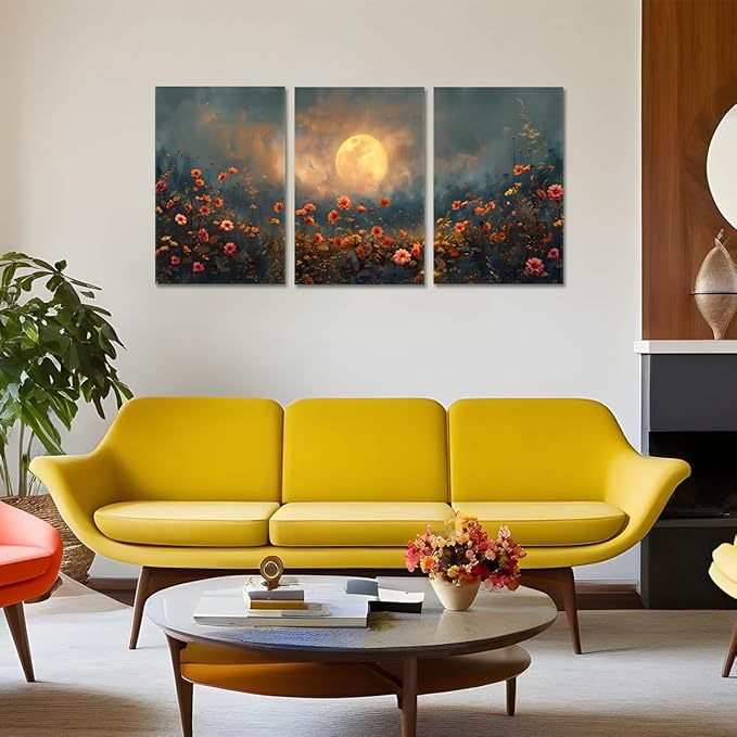 3 pcs Rustic Botanical Wall Art Vintage Moonlit Sky and Blooming Wildflowers Nature Landscape Picture Wall Decor Poster Print Artwork for Bedroom Living Room Home Decoration- 20"x28"x3pcs