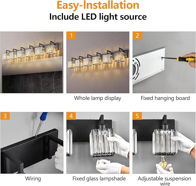 Black Bathroom Light Fixture, 6-Light Crystal Vanity Lighting, Bathroom Lighting Fixtures Over Mirror, Modern Crystal Wall Lamp