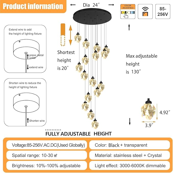 16-Lights Black Spiral Staircase Crystal Chandeliers 130 inch Long Chandelier High Foyer Ceiling Chandelier LED Dimmable 3000-6000K