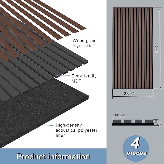 4-Piece Wood Slat Acoustic Panels for Stylish Decor and Noise Reduction, 3D Textured Panel for Ceiling and Wall - JK Walnut (47.2 L x 23.6 W in)