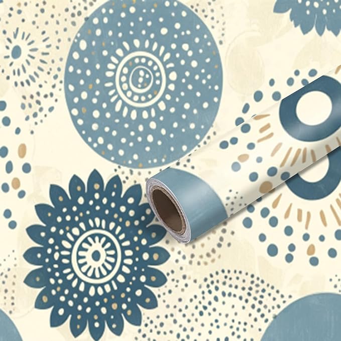 Nuxovilar Beige Blue Floral Medallion Textured Peel and Stick Wallpaper, 15.75"x39.37", Self-Adhesive Contact Paper, Vintage Tile Pattern for Bedroom, Living Room and Table Decor