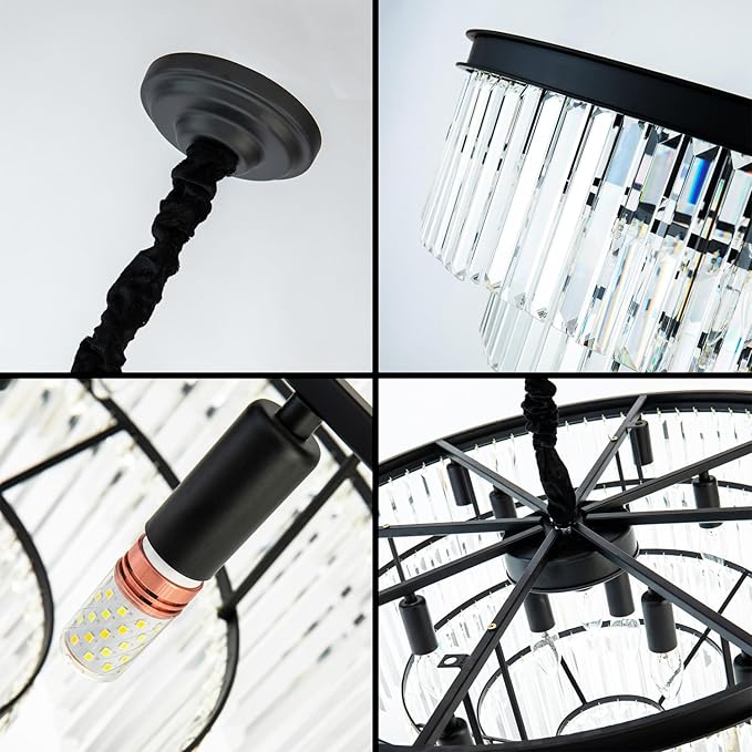 Modern Black Crystal Chandelier,4-Tier Round Pendant Ceiling Fixture with Height Adjustable Luxury Hanging Chandelier for Dining Room,Living Room,Entryway,Bedroom,Kitchen,and Foyer (Black Crystal-4)