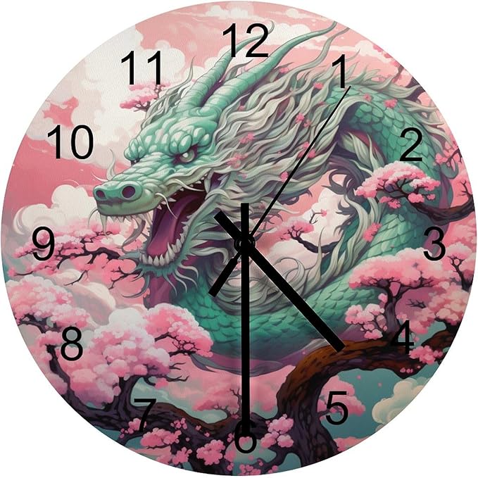 Pink Dragon-Themed Round Wall Clock, Pink Background Flower Tree Girl's Personalized Oriental Dragon Decoration, Wooden Silent Wall Clock for Family Room Bedroom 12x12INCH