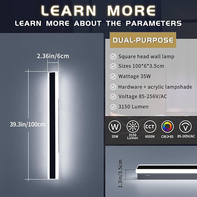 Mikeru 39.3inch Long Led Wall Light, 6000k Cool White Modern Outdoor Wall Light Ip65 Waterproof Black Acrylic Porch Exterior Lighting Fixtures, Exterior Wall Mount Lights for Garage Front Door