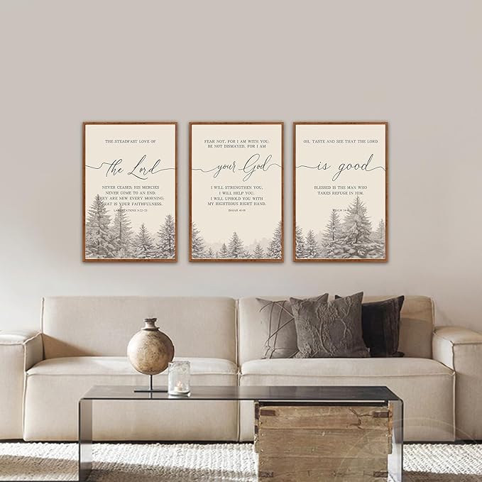 LHIUEM Bible Verses Framed Canvas Wall Art Set,Christian Scripture Religious Wall Decor,Vintage Easter Pine Tree Artwork for Living Room,Bedroom,Dining Room,Office -16"x24"x3
