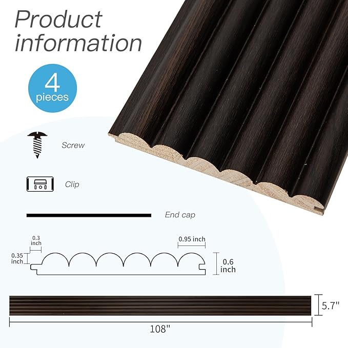 Art3d Fluted Wood Panel for Wall and Ceiling, Beaded Accent molding for Home Decoration, Pack of 4pcs + 1pc End-Trim, Size 108 x 5.7in.- Beaded Smoked Oak