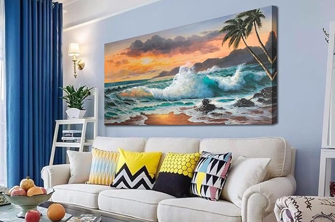 Ardemy Coastal Seascape Canvas Wall Art Living Room Beach Bedroom Paintings Seawave Tropical Pictures Wall Decor Blue Ocean Large Panoramic Landscape Artwork Home Office, 48"x24"