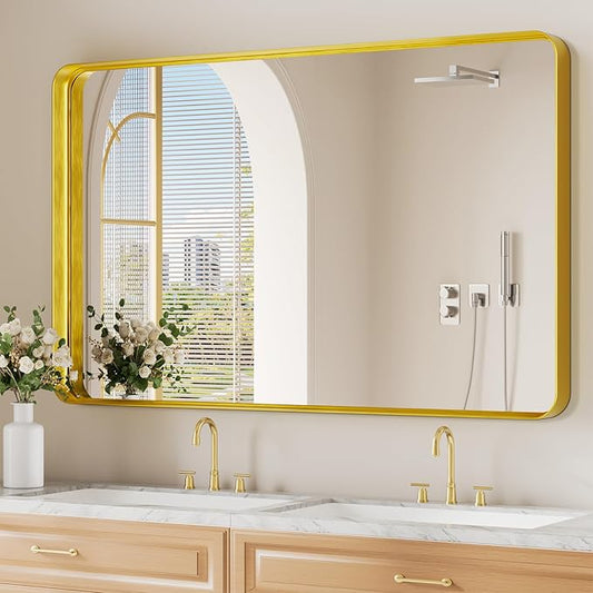 Koonmi Gold Wall Mirror for Bathroom, 30x48 Inch Matte Deep Framed Rounded Rectangle Vanity Mirror for Farmhouse Living Room, Tempered Glass, Anti-Rust, Vertically or Horizontally