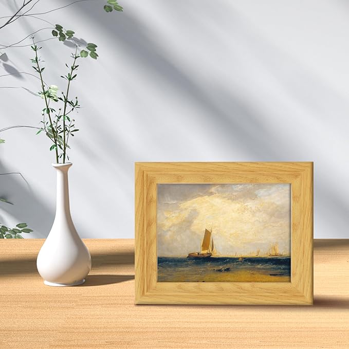 Brivoria Framed Canvas Wall Art Vintage Decor, Romantic Coastal Scene with Sailing Ship Golden Sky Tidal Water and Shore Birds for Bathroom Entryway Bookshelf or Tabletop Display, 8"x10"