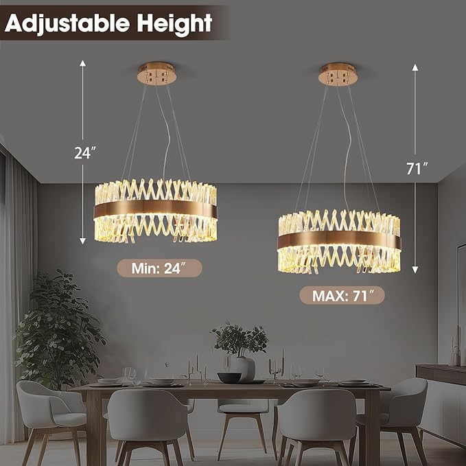 24" Modern Gold Crystal Chandeliers, Round Flush Mount Brass Crystal Lamp for Dining Room Living Room Kitchen Foyer K9 Clear Crystals,60W Led Dimmable 3000K