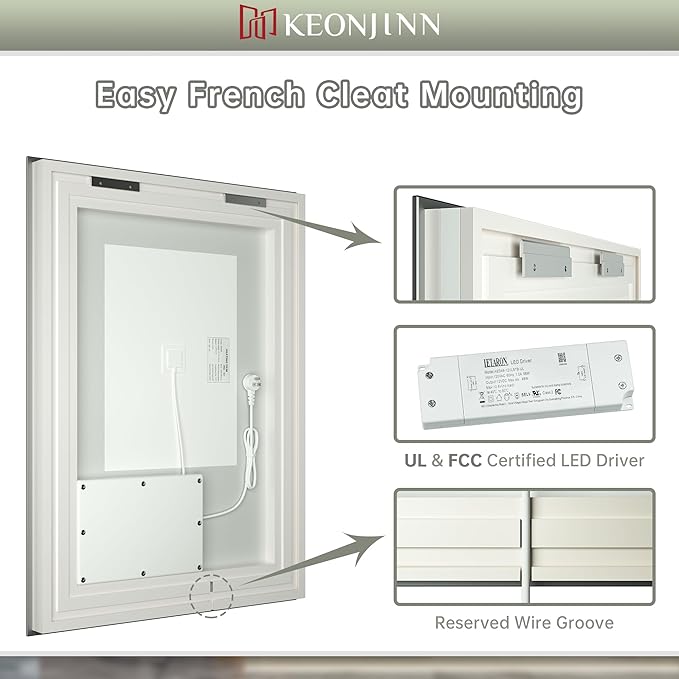 Keonjinn LED Bathroom Mirror 72" x 36" with Backlit and Frontlit, Tempered Glass Stepless 3 Colors Temperature & Dimmable Large Vanity Mirror, UL Listed LED Driver, Double Lights Anti-Fog Wall Mirror