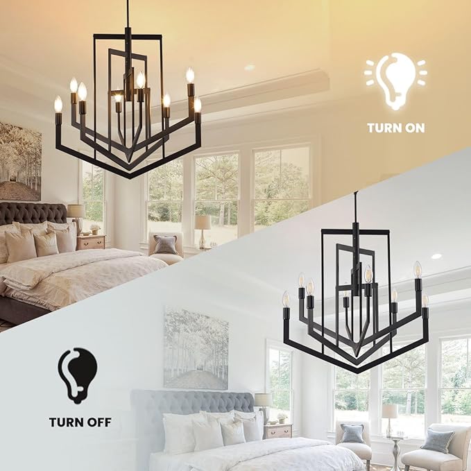 Black Farmhouse Chandelier,8-Light Modern Geometric Pendant Light Fixtures,Rustic Industrial Foyer Lighting Fixtures, Large Foyer Chandeliers for High Ceilings,for Kitchen Island,Staircase,Entryway