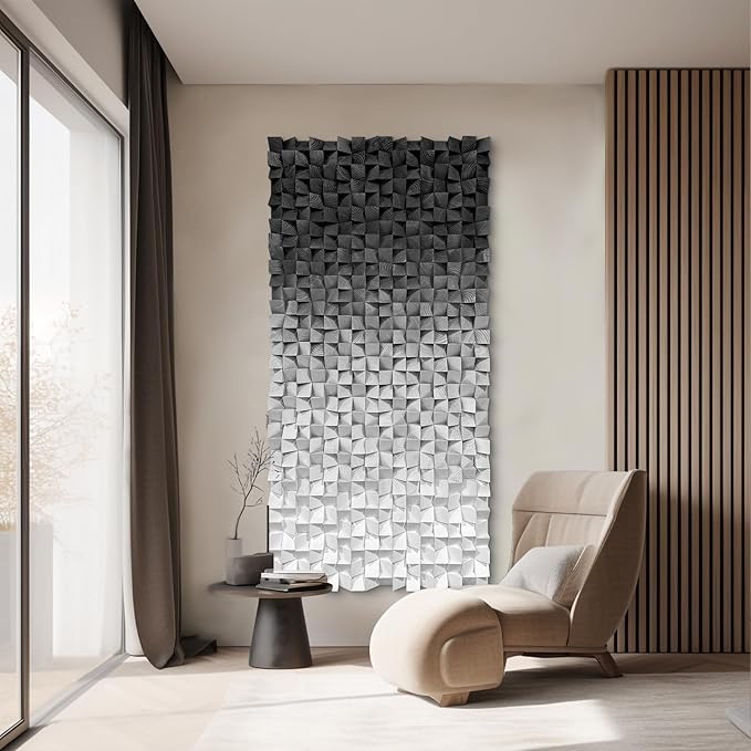 LIUZEYUE - Wooden Block Stereoscopic Painting Geometric Modeling Wall Decoration 3D Wooden Artwork Living Room Bedroom Background Wall Office Decoration Black and White Gradient 39.4 x 78.7 inches