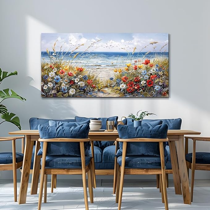 MHARTK66 Large Canvas Wall Art Flowers Farmhouse Bedroom Wall Painting Wall Decor For Living Room Office Blue Watercolor Print Nature Artwork For Walls Ocean Poster Modern Home Decorations 24x48