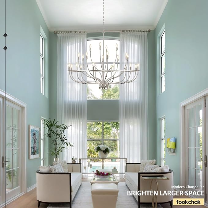 24 Light Brushed Nickel Chandelier 51'' Large Candle Chandeliers for High Ceiling Foyer Modern Classic Chandelier Light Fixture for Large Living Room Dining Room Stairs Entry Restaurant Hotel