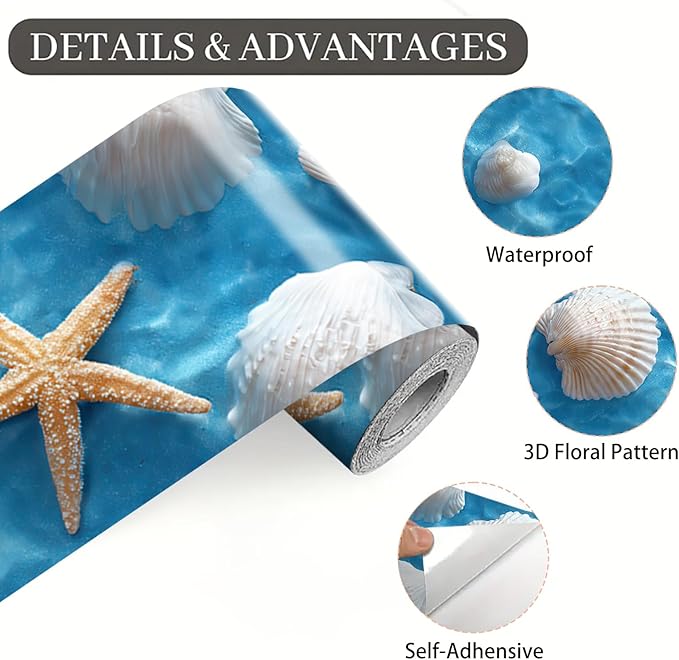 Coastal Seashell Wallpaper Border 196x4 Inch Peel and Stick Wall Border Self Adhesive Starfish Beach Removable Vinyl Trim for Living Room Bedroom Bathroom Kitchen Cabinet Decoration