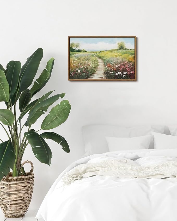KISSFOX Vintage Framed Wall Art Decor Modern Farmhouse Spring Landscape Pictures Paintings Wall Decor Rustic Wildflower Canvas Art Prints Nature Countryside Artwork For Bedroom Kitchen Living Room