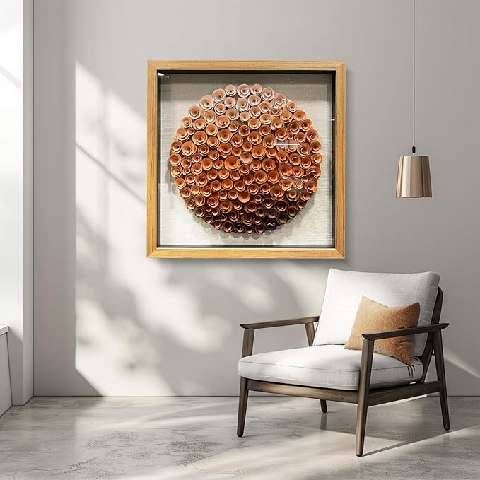BrightA Natural Wood Paper Cylinder Wall Art Brown Gradient Color Circular Design with Earthy Tones Framed Artwork Modern Minimalist Home Decor for Living Room 23.6"x23.6"