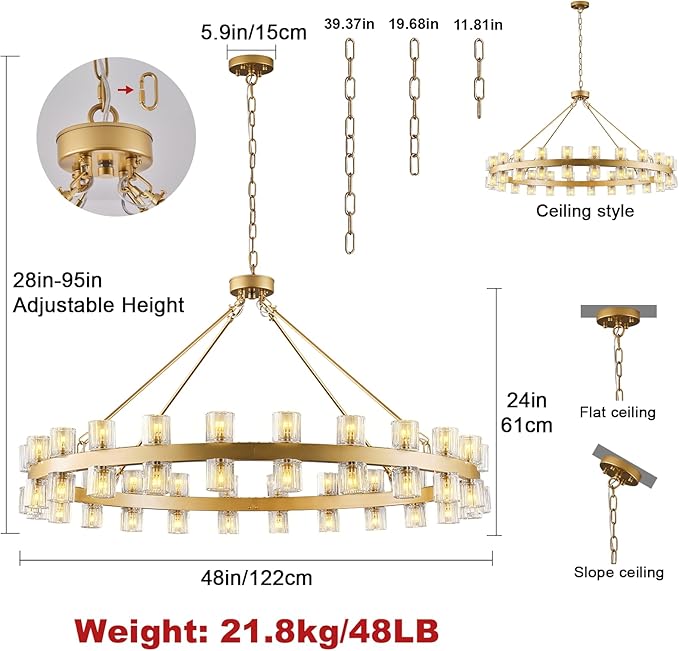 48 Inch Gold Wagon Wheel Chandelier with Crystal Shade, 48 Lights, Modern Farmhouse Style, Ideal for Dining Room, Kitchen, Entryways